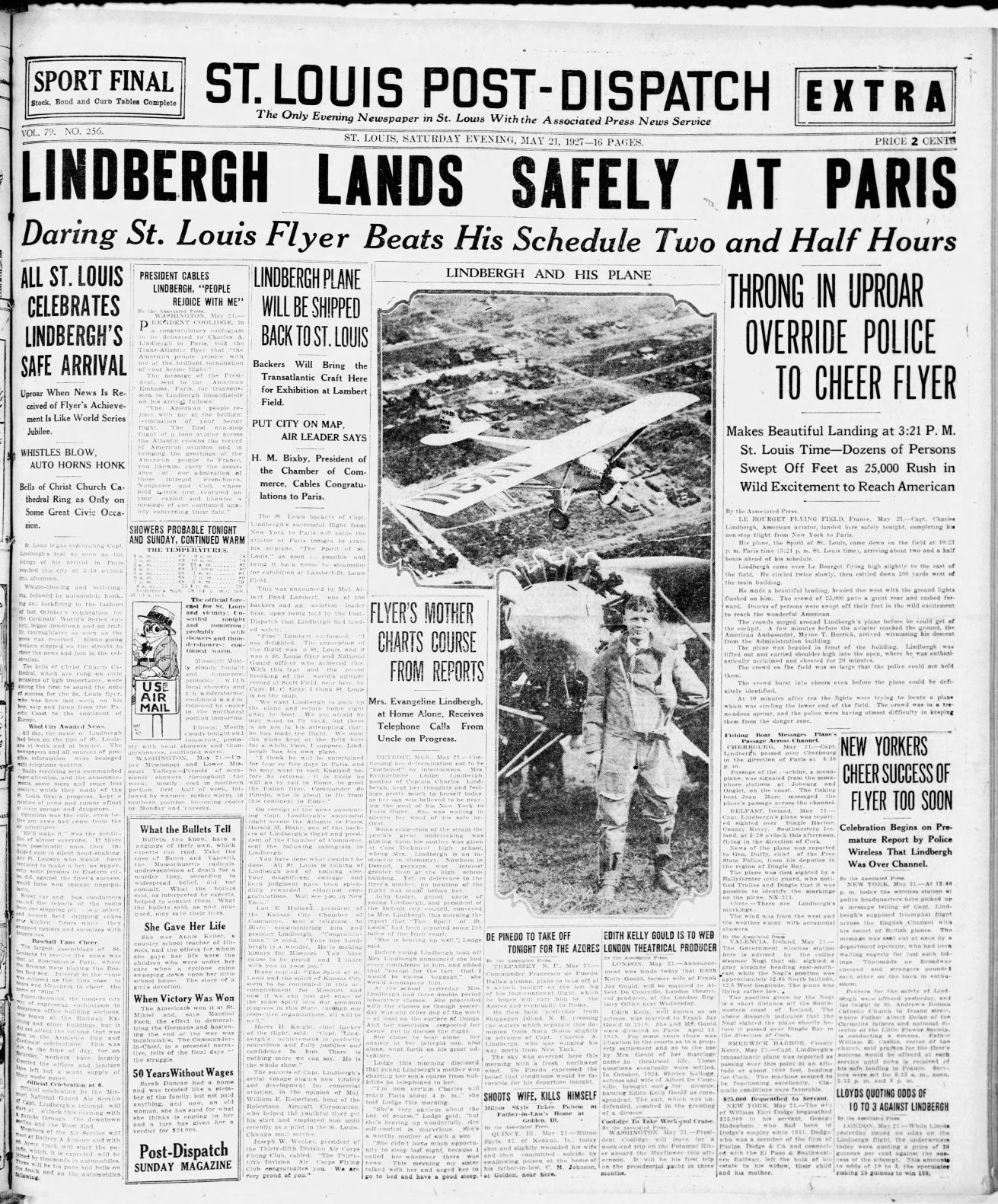 May 21, 1927 - Lindbergh Lands Safely at Paris
